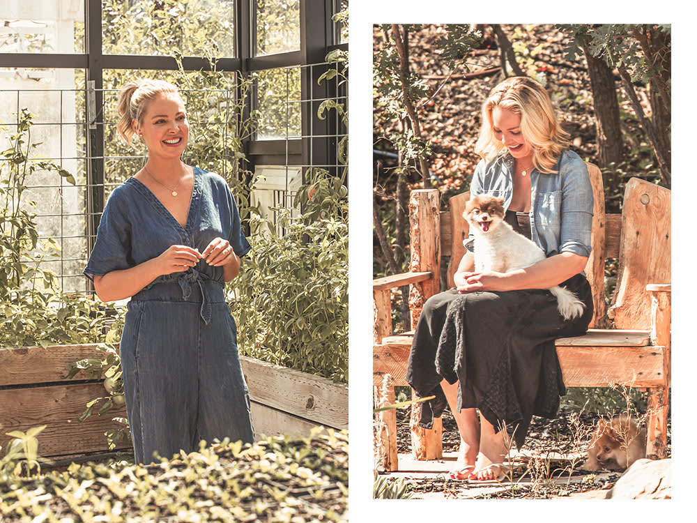 Katherine Heigl stands among some seedlings; Katherine Heigl holds her dog on her lap while sitting on a bench outside.