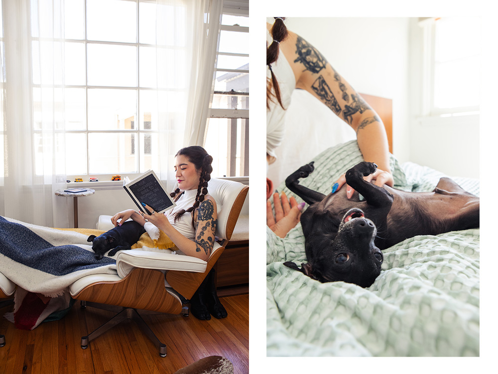 Left: Arabelle Sicardi reads a book with Titan in their lap; Right: Arabelle Sicardi cuddles with Titan on the bed