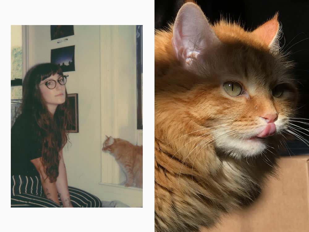 Bridget Badore and her fluffy orange cat, Queso