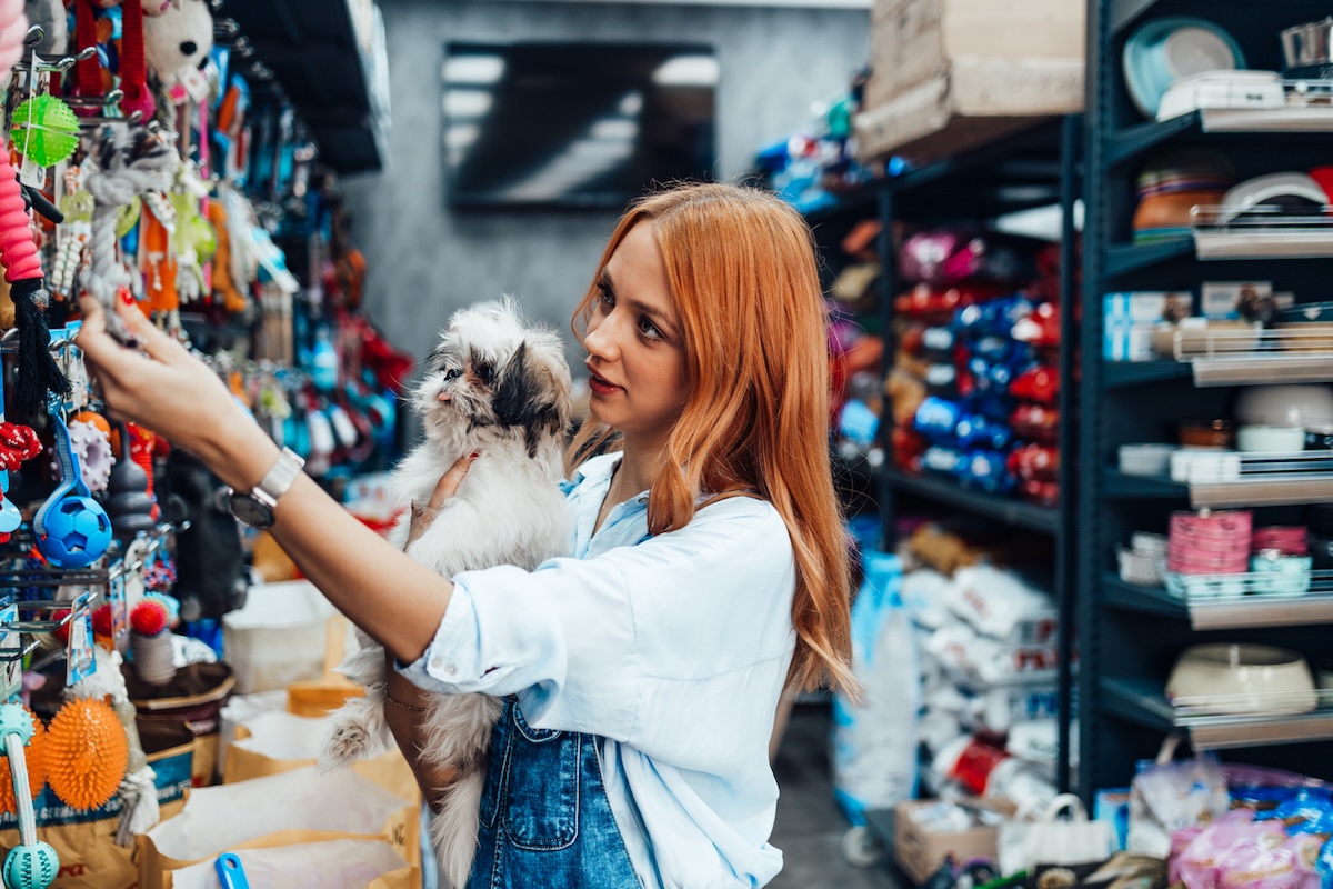 woman with red hair holding a small dog and choosing a toy in a pet store