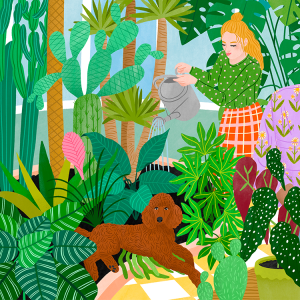 Bodil Jane illustration, someone waters a garden with a brown dog in it
