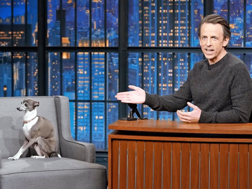 Seth Meyers and his dog, Frisbee.