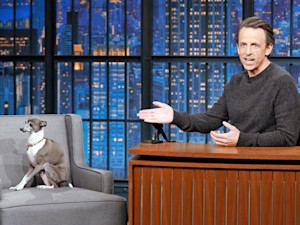 Seth Meyers and his dog, Frisbee.