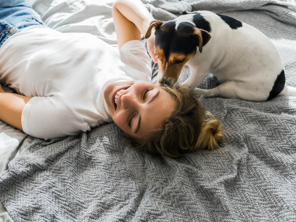 A happy woman is lying on a bed, her dog smelling her face.