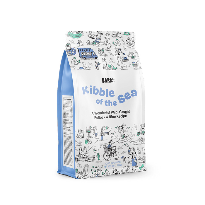 dog food in white and blue bag