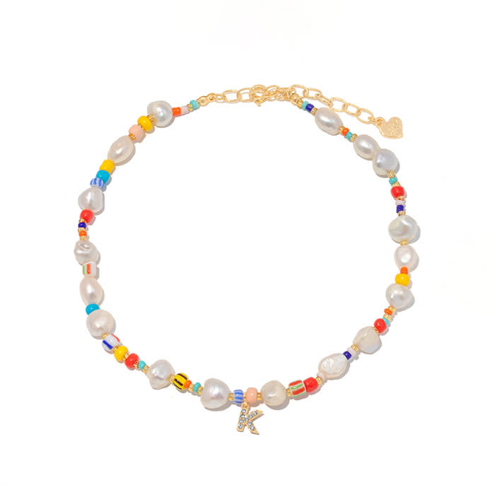 pearl and colorful bead necklace with "k" charm