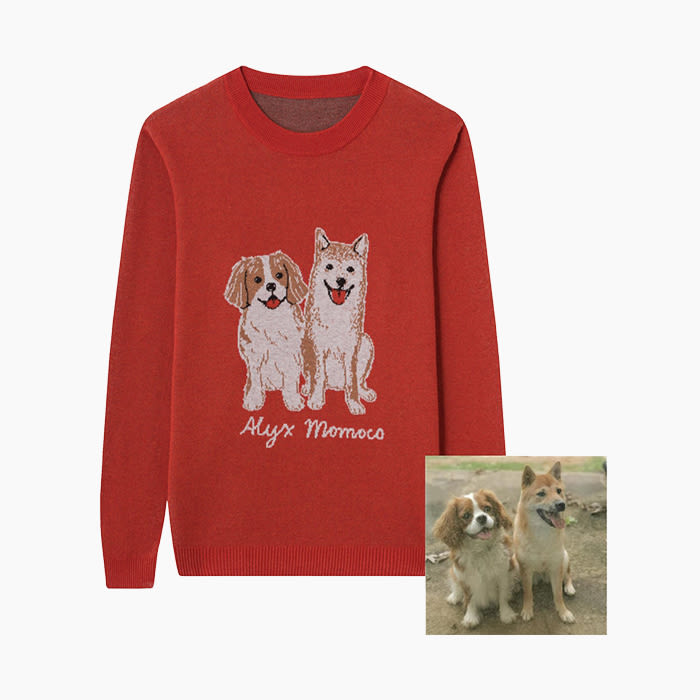 the red sweatshirt with two dogs on it