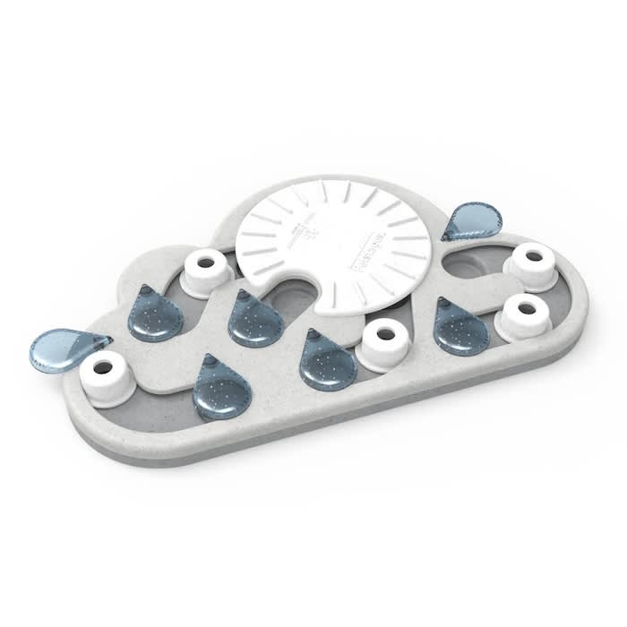 A plastic cat toy shaped like a cloud with raindrops on