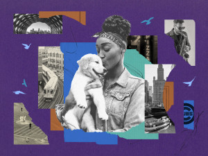 collage: woman with dog on purple background, Chicago sights, a boat, a train, a tunnel, a Dalmation