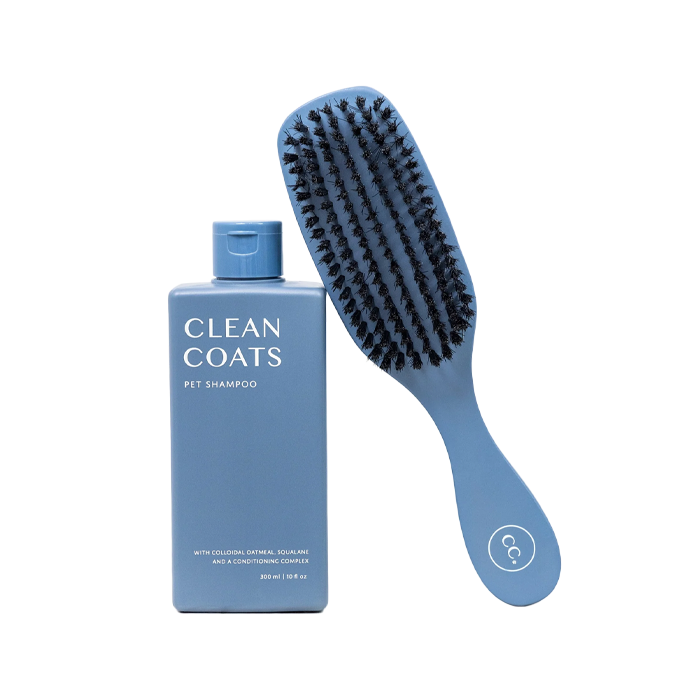 clean coats blue bottle of pet shampo and blue brush