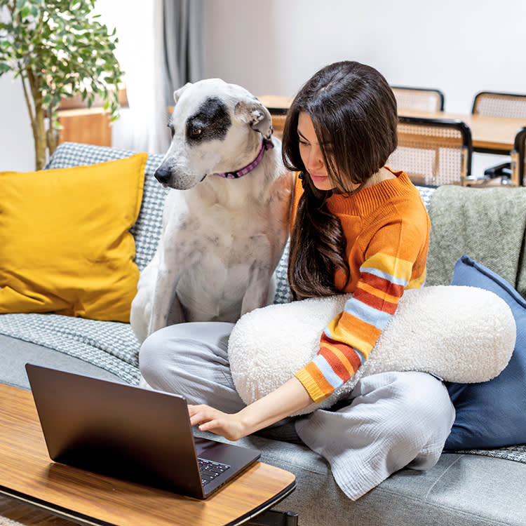 Woman working on the computer with her dog nearby.