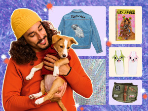 Holiday gift for dogs collage, a person holding a small dog, a dog puzzle, a dog vase, a dog backpack, and a dog jean jacket