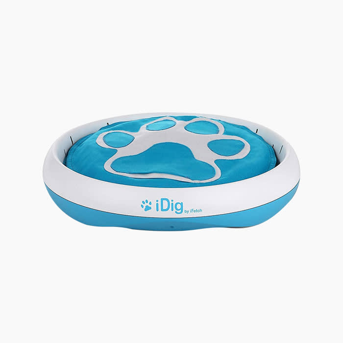 blue digging toy for dogs with paw design in white