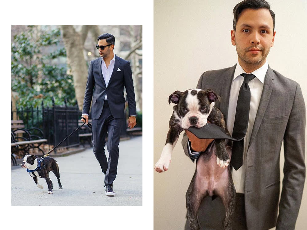 Steven Rojas and his dog, Zelda, dressed in suits 
