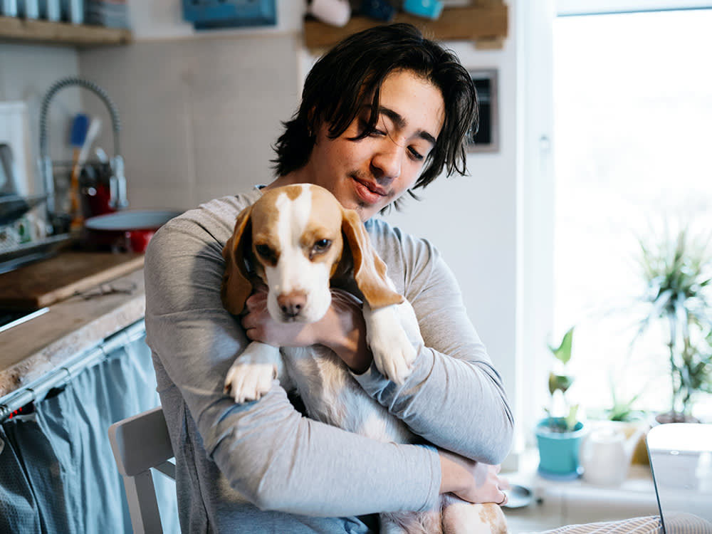 young man with black hair cuddling his beagle dog