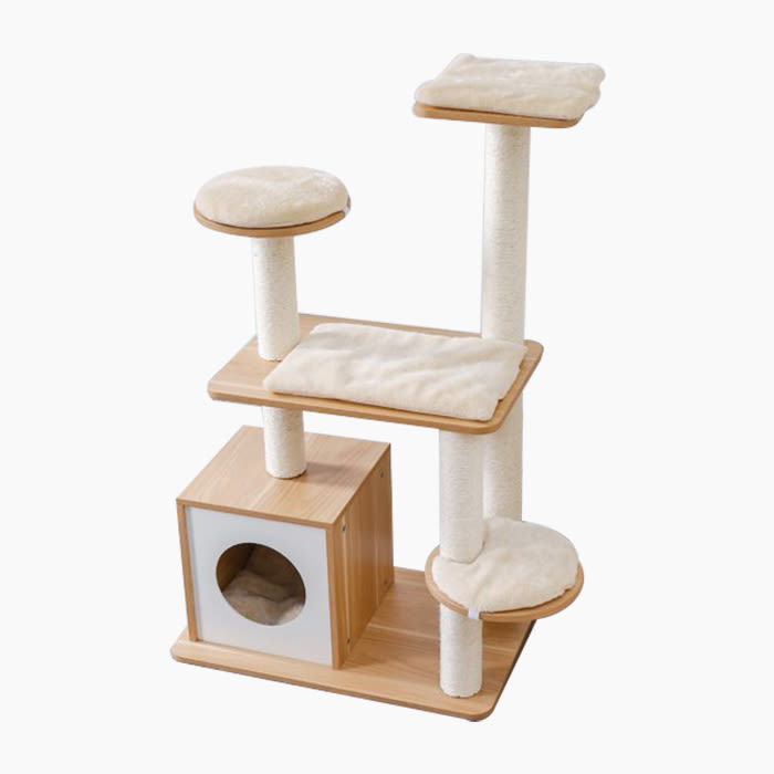 the cat tower in wood and fur