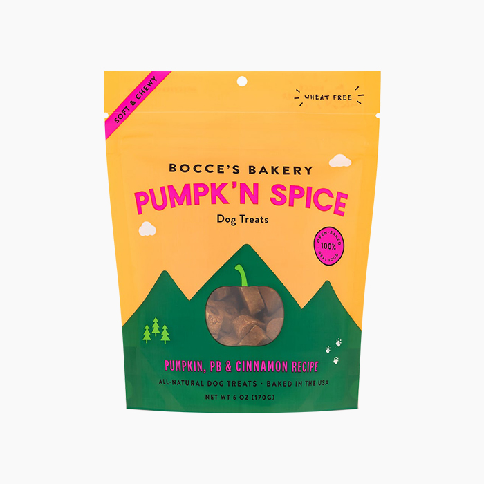 pumpkin spice flavored dog treats in orange and green bag