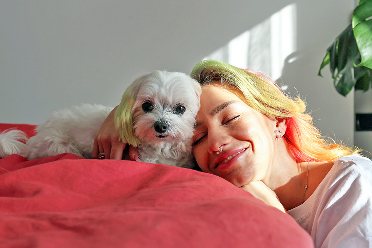 Person cuddling with a Maltese dog