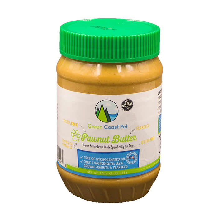 peanut butter for dogs with green plastic lid