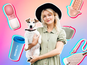 person wearing black hat holding white dog with pet products collaged in the background
