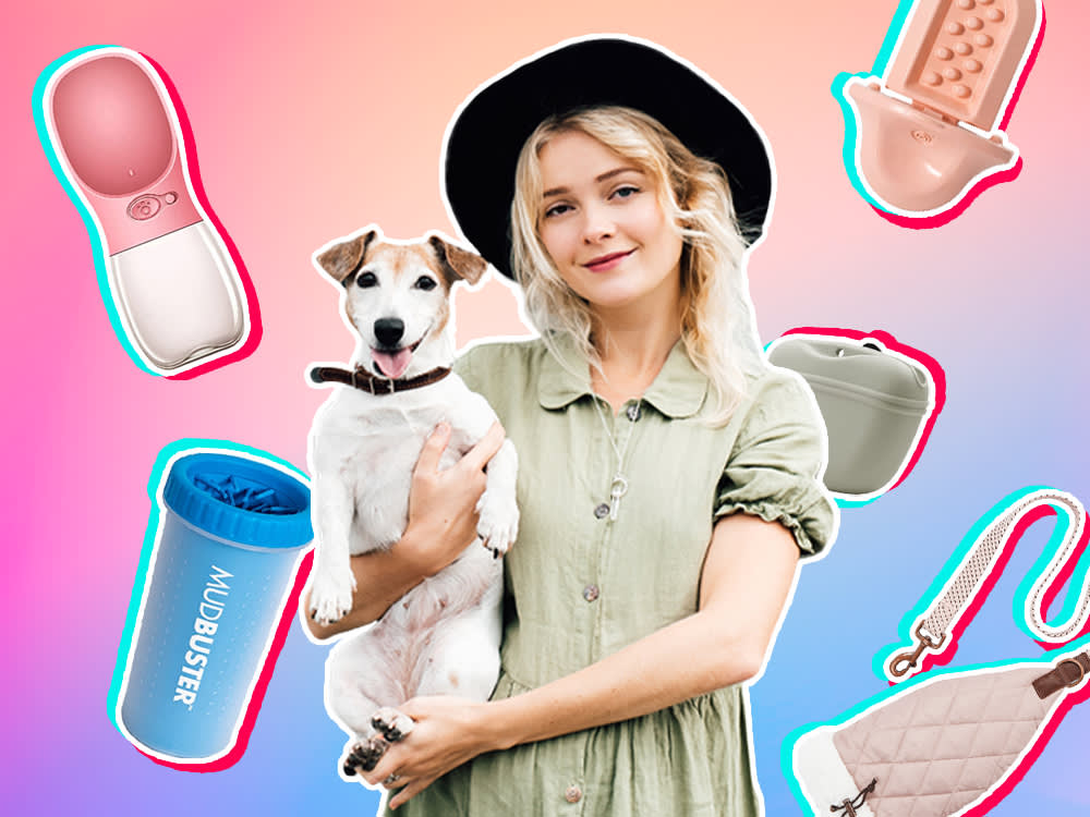 person wearing black hat holding white dog with pet products collaged in the background