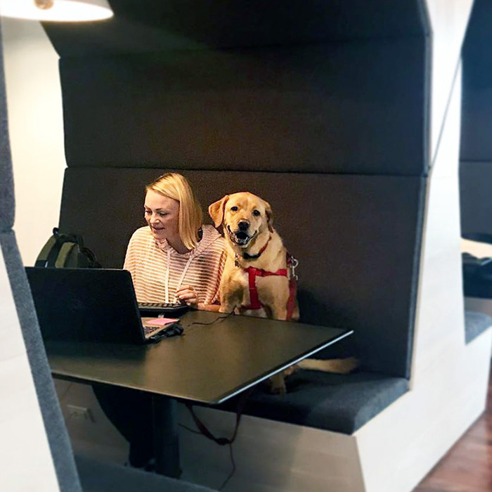 woman sits with dog at The Shop