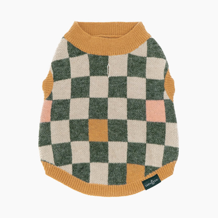 checkered sweater in green beige pink and orange