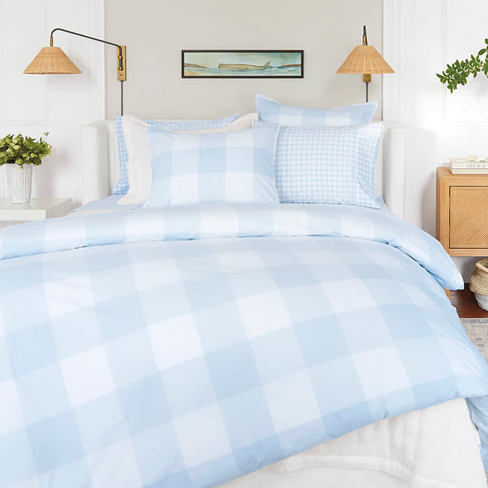blue and white checkered bedding