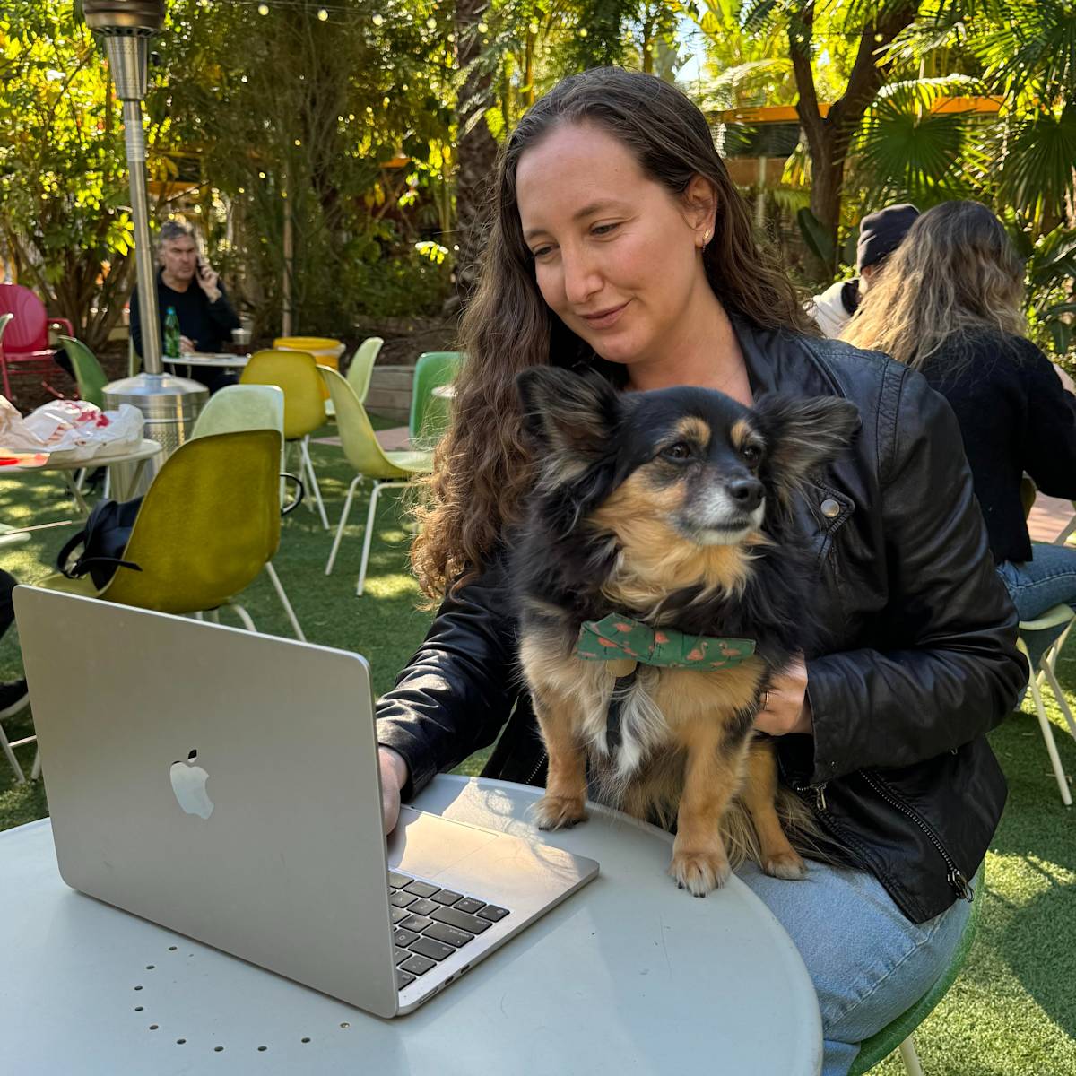 Laura Stampler works with her dog on her lap