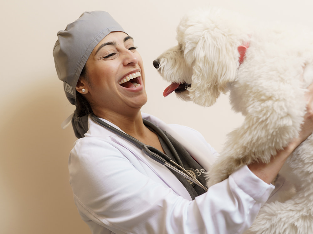 Dr. Zay Satchu smiling while lifting a white dog. 