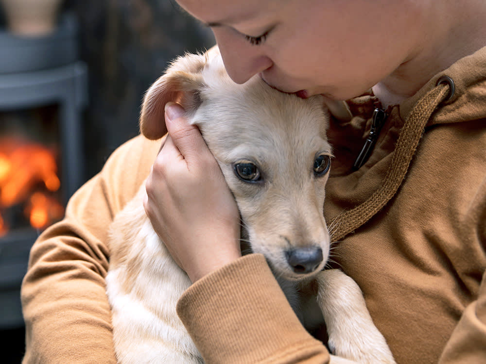 Woman snuggling her puppy in her arms.