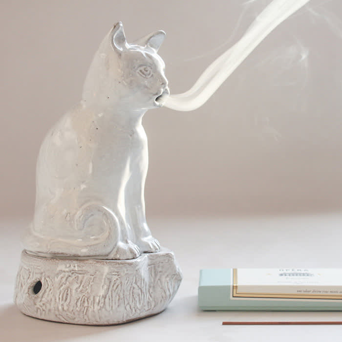 the incense burning cat in white