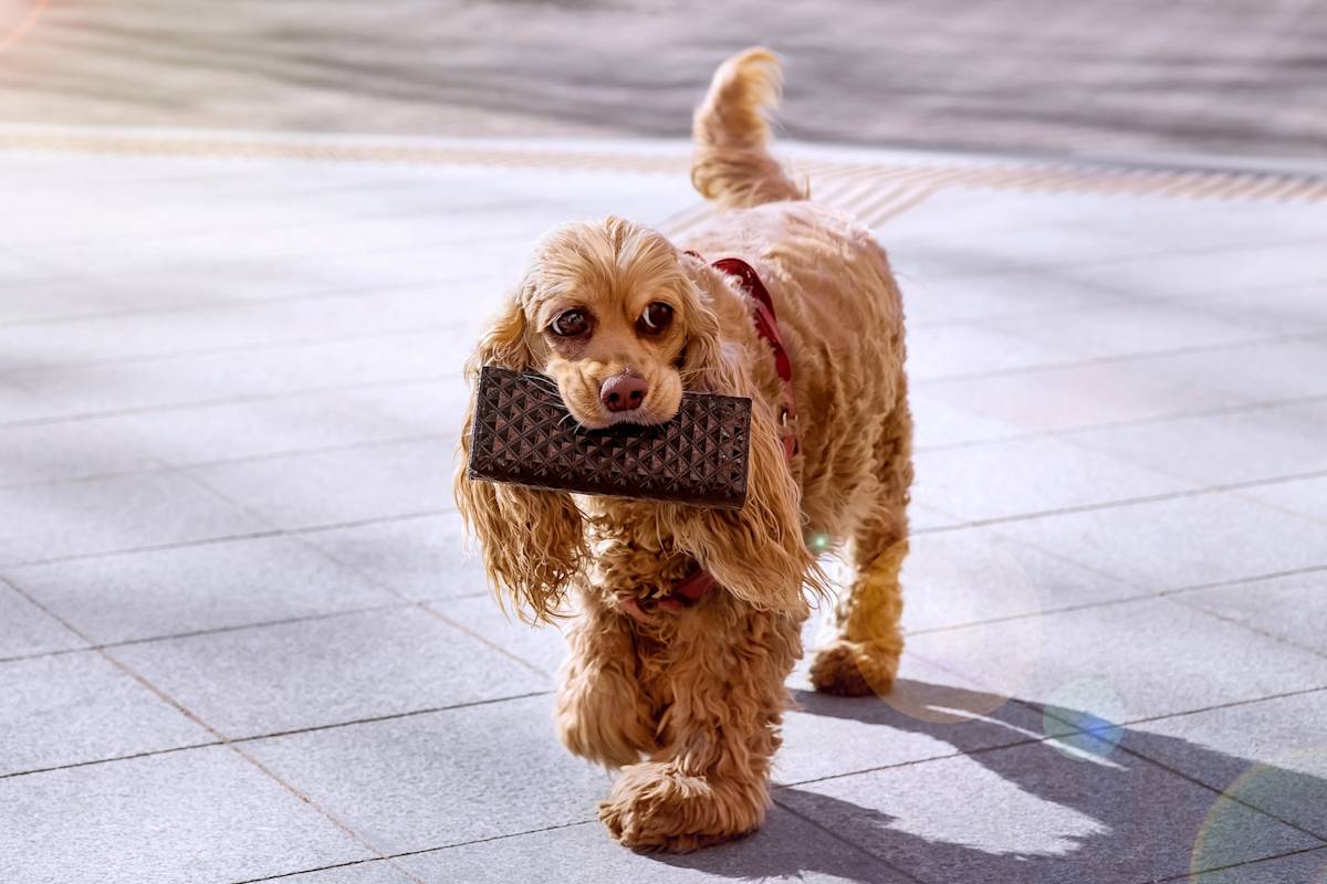 a picture of a fluffy brown spaniel holding a women's purse in their mouth