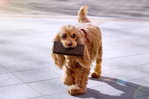 a picture of a fluffy brown spaniel holding a women's purse in their mouth