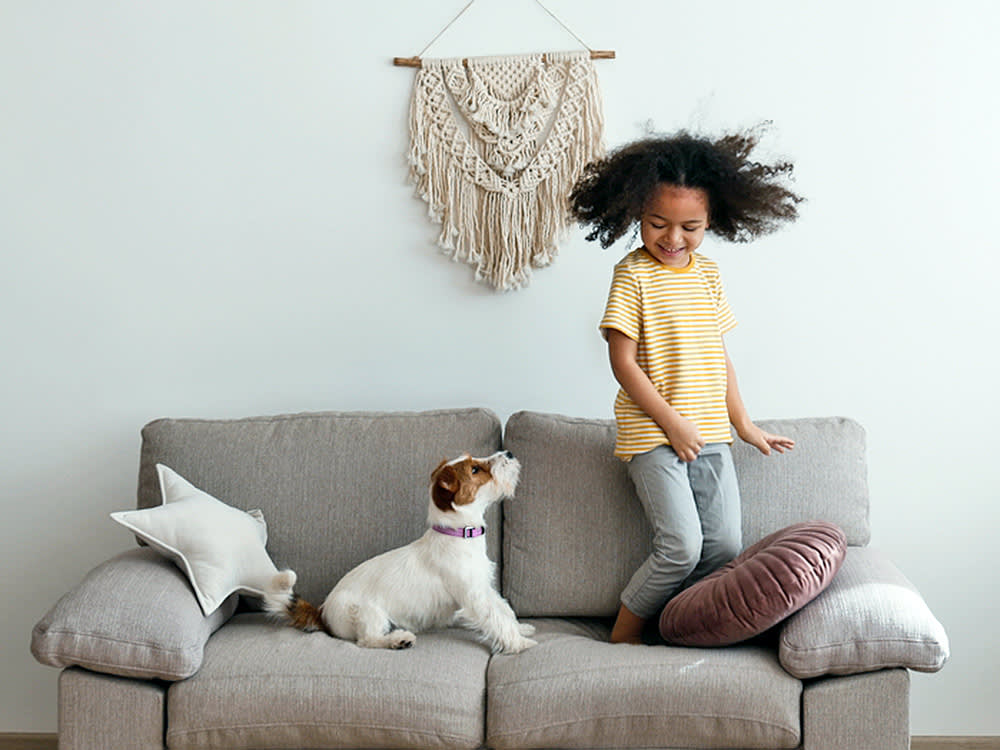 Dog looking uncomfortable around child at home.