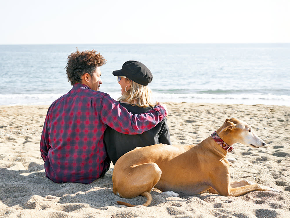 Couple sitting on the beach with a dog behind them.