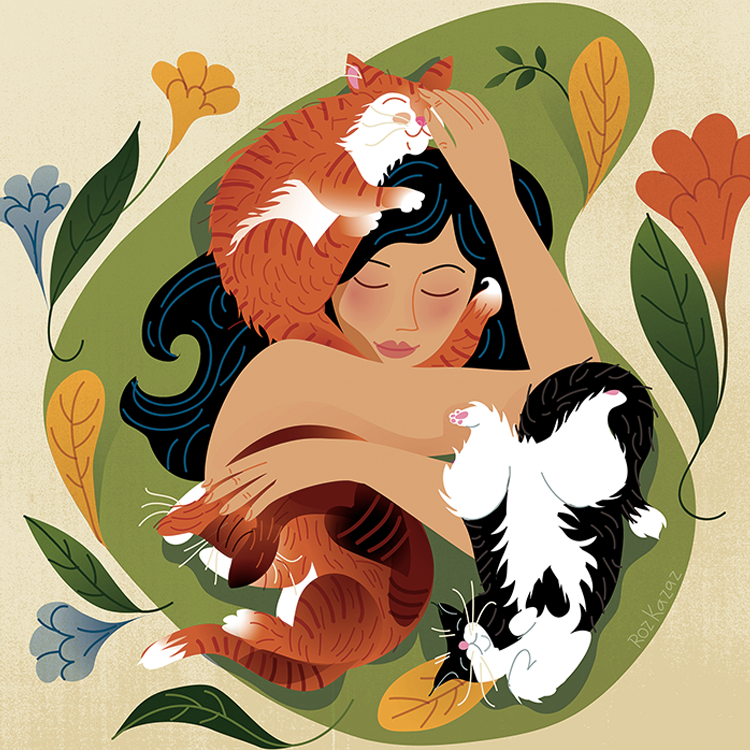A woman with black hair surrounded by cats cuddling her