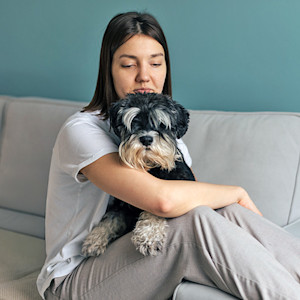 Woman holding her Terrier dog in her lap at home.