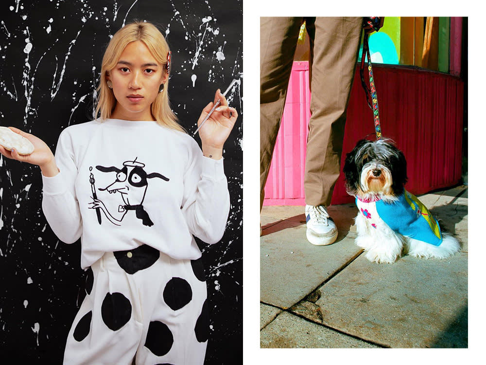 a model wearing a Gentle Thrills dog shirt; a small dog with a Gentle Thrills leash
