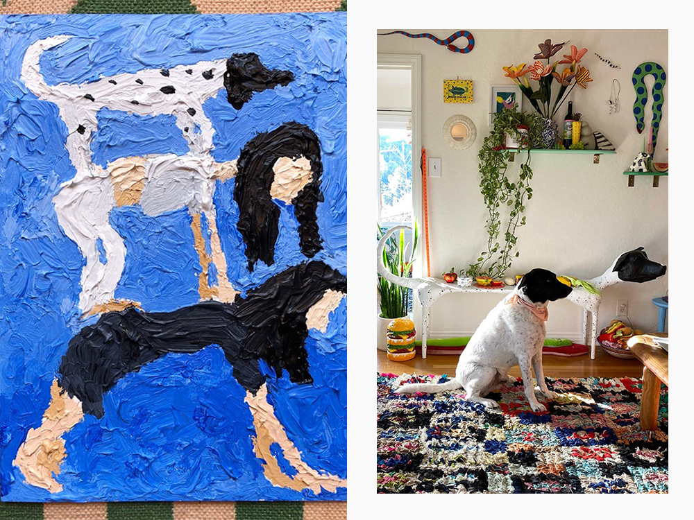 painting of dog and people and dog sitting next to portrait bench