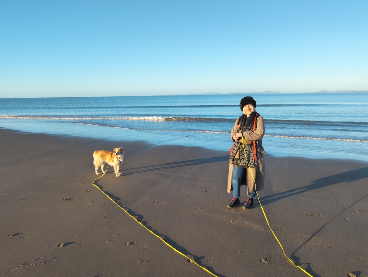a picture of a woman and a dog on a beach
