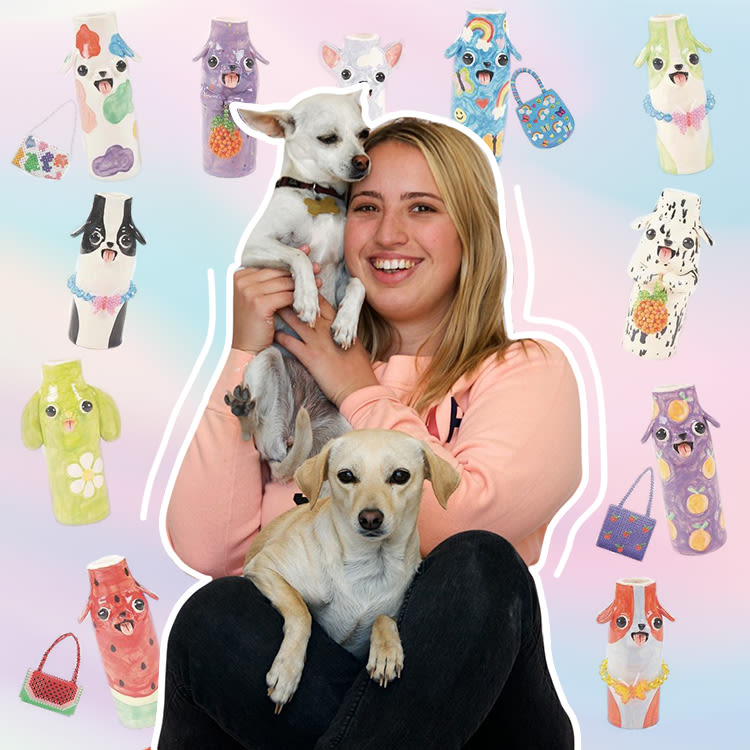 A collage of Katie Kimmel holding two dogs with dog ceramics behind her. 
