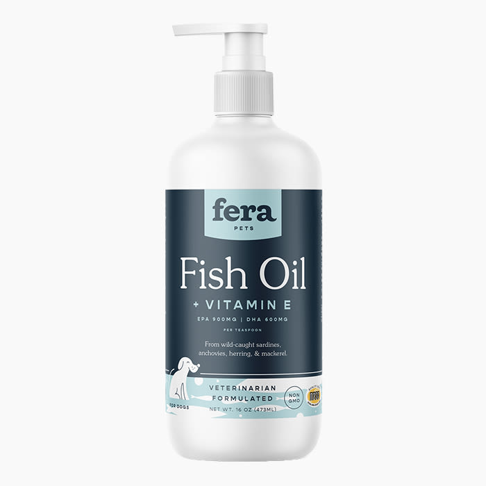 the fera fish oil in white with a blue label