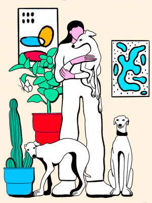 Illustration by Zoé Coulon, a person holding a dog with two dogs beside them