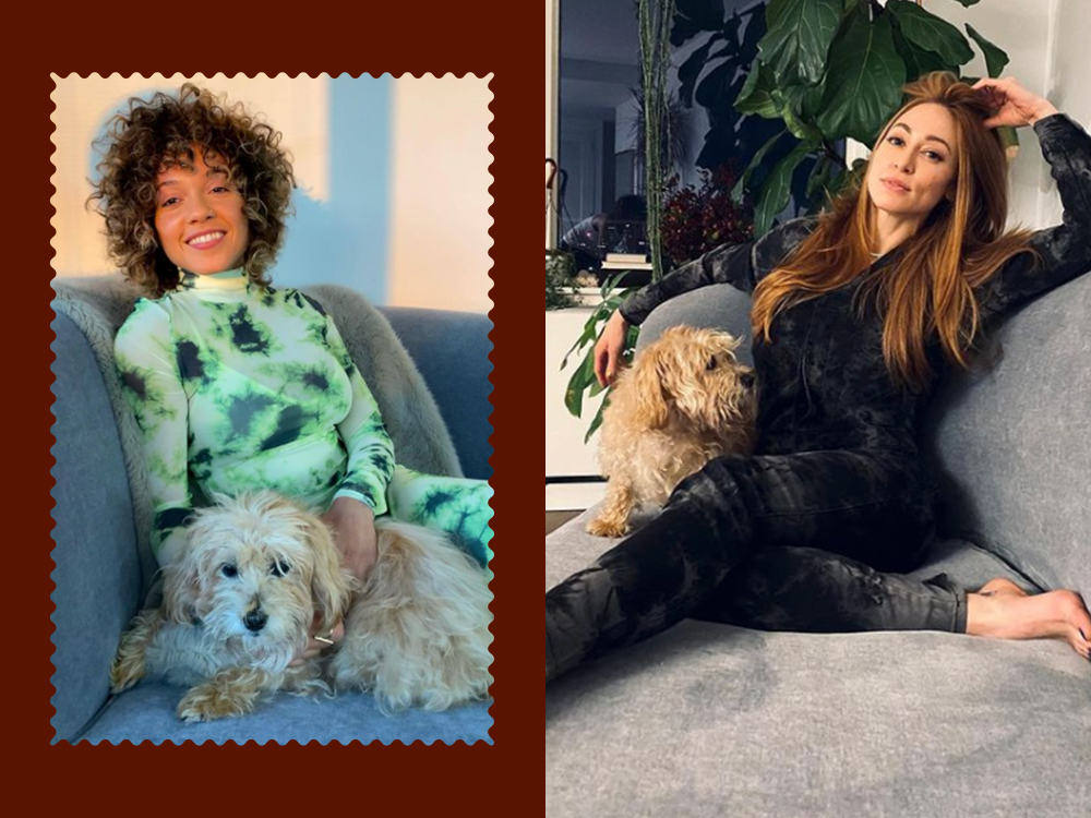 jess king and sophia urista with chicken their dog