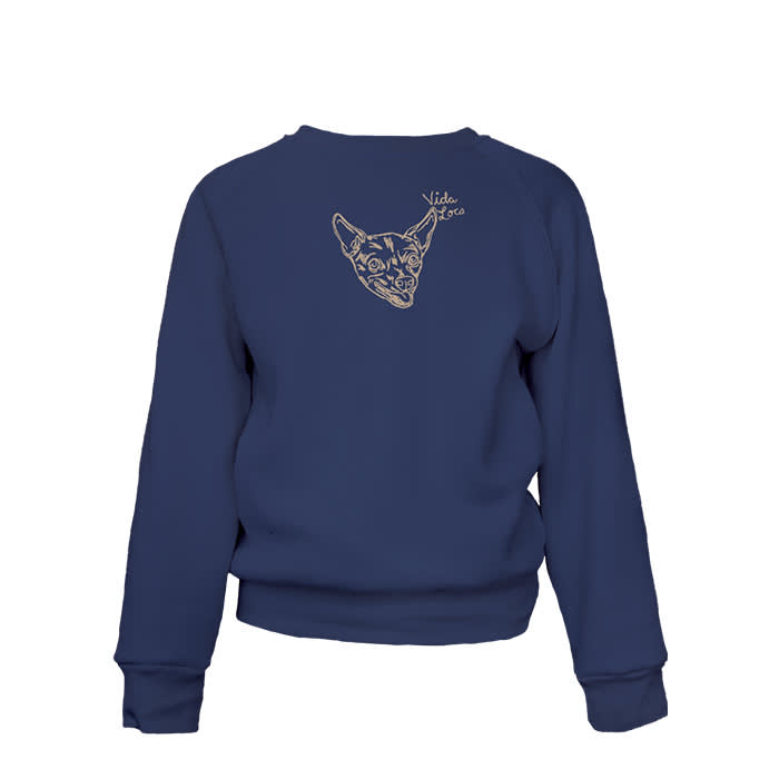 blue crewneck with dog embroidery
