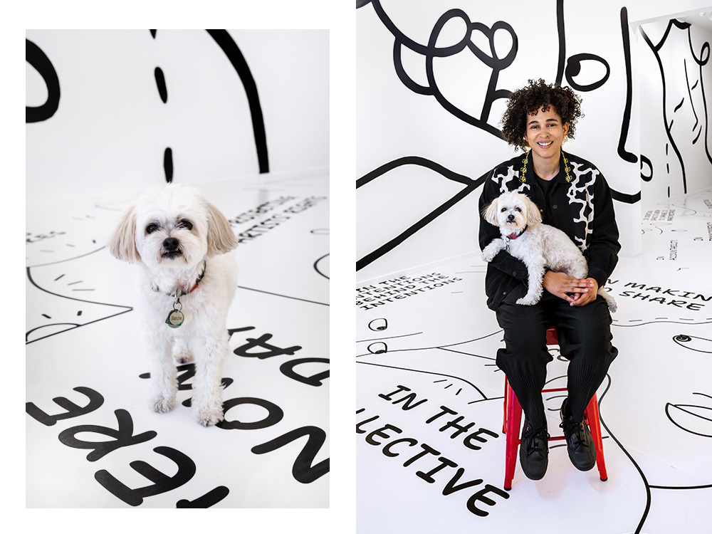 Shantell Martin with her small white dog, Blanche