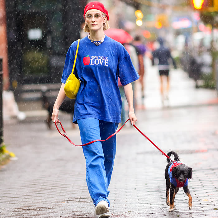 a person in a baggy blue outfit and yellow purse walks a small dog in a blue shirt