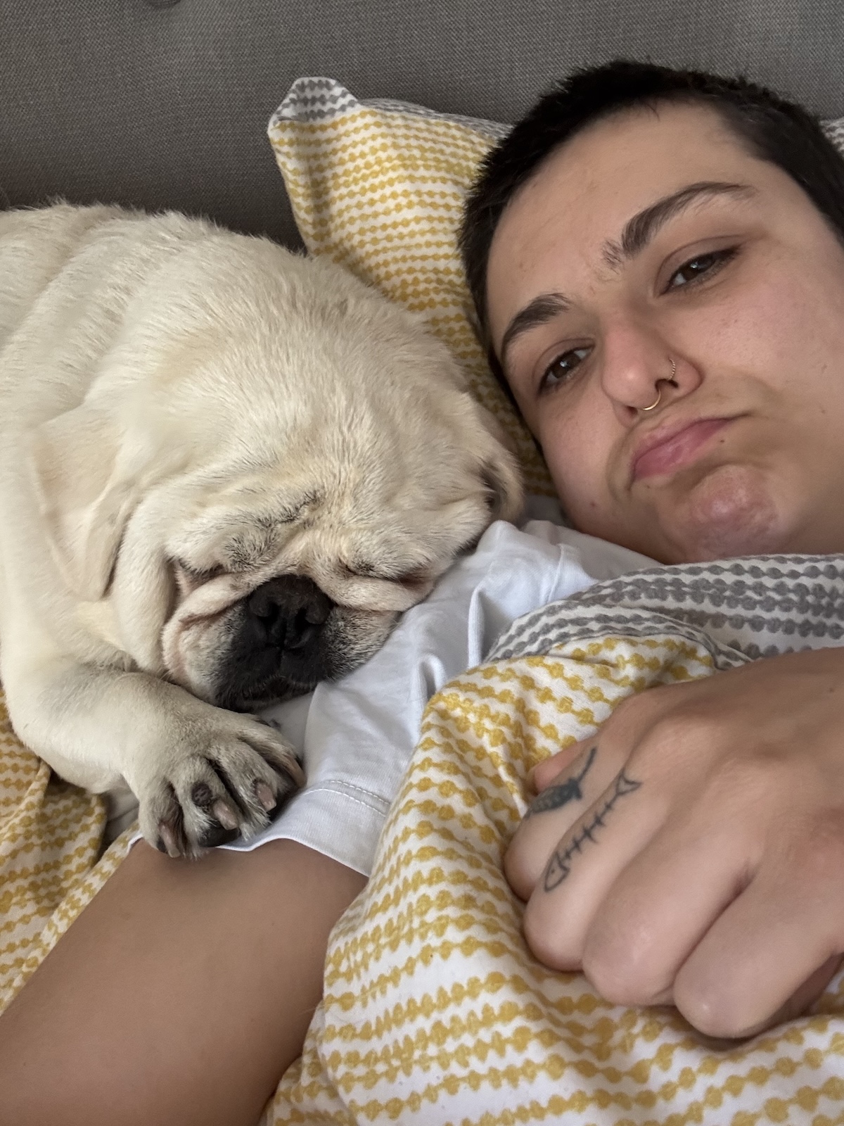 a picture of a person with a grumpy face cuddling up to a Pug in bed