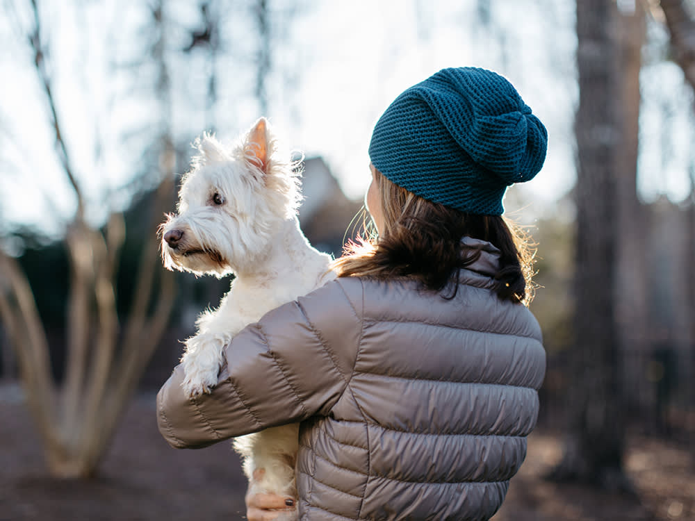 A woman in a teal knitted beanie hate wearing a silver metallic puffer jacker and holding her white Schnauzer mixed breed dog in her arms outside with hopeful backlighting